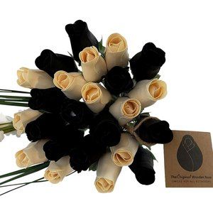 2 Dozen Black and White Wooden Rose Flower Bouquet. The Original Wooden Rose